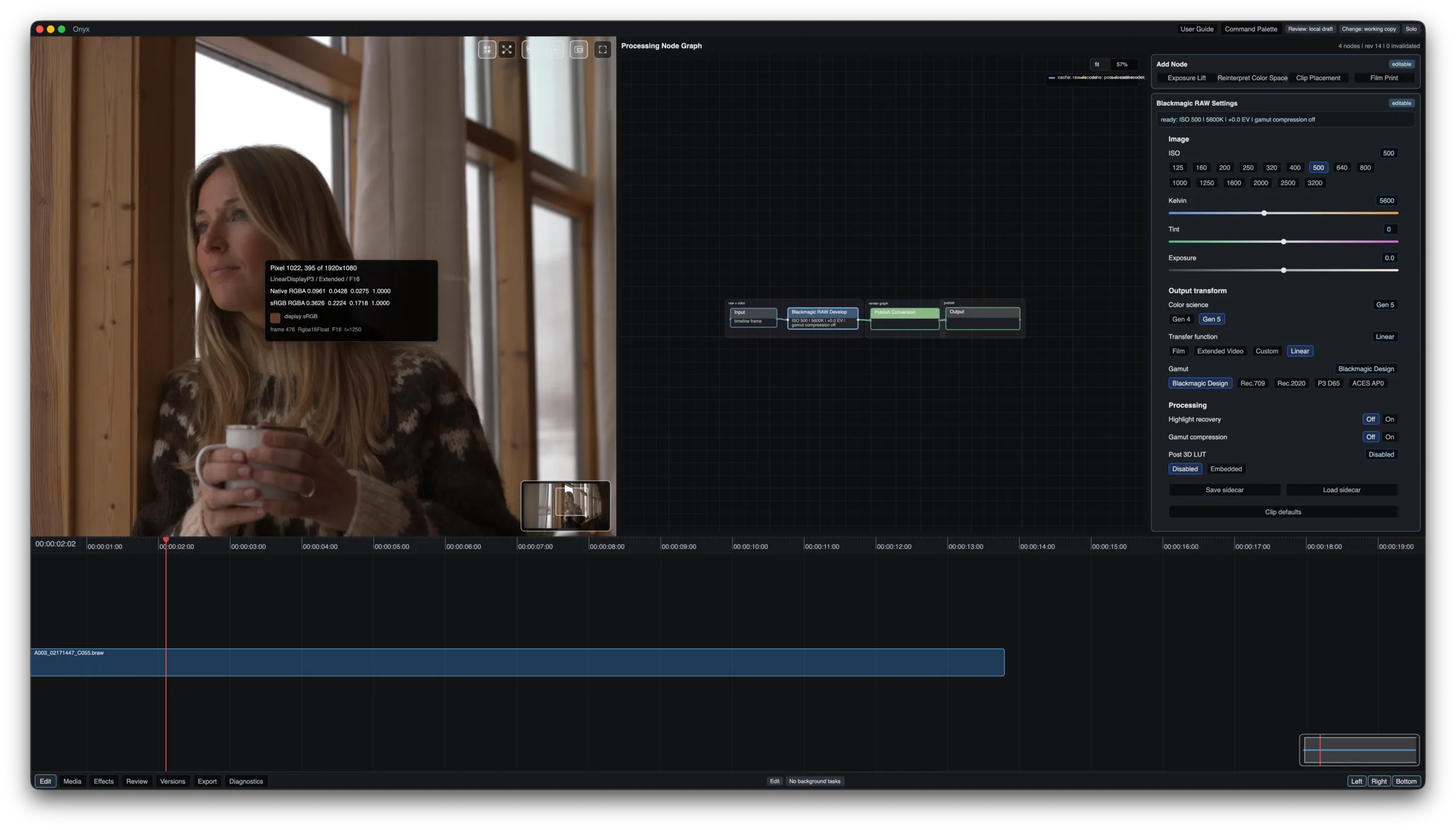 Onyx video editor interface with viewer, timeline, and panels